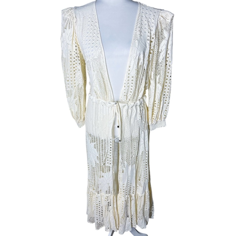 PatBO Cream Crochet Long Sleeve Tie-Waist Maxi Dress